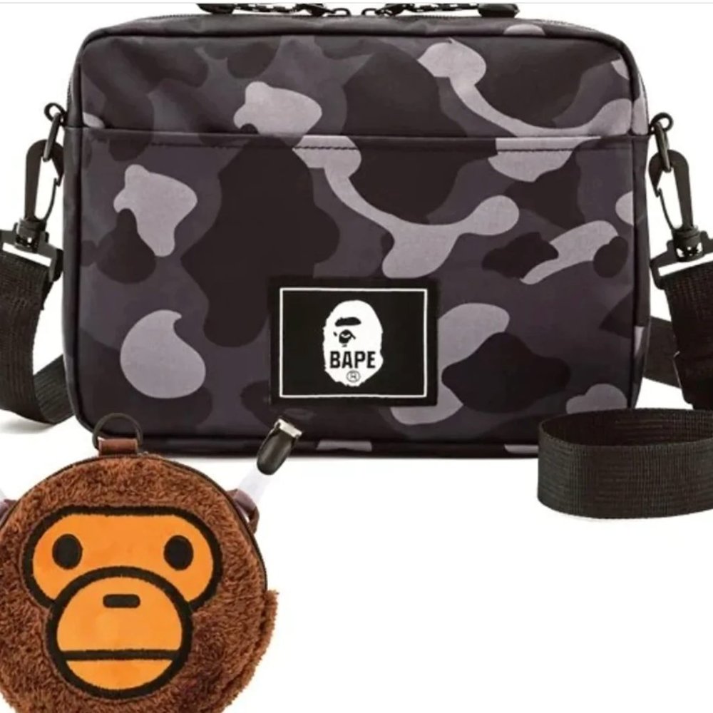 A BATHING APE Black Camo Shoulder Bag w/ Baby Milo Pouch NEW in Bag